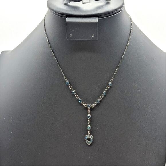 Gun Metal 'Y' Drop Blue Austrian Crystal U.S.A. Heart Chain 16" Necklace - Picture 7 of 7